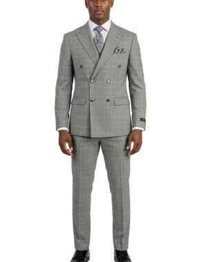 Grey Windowpane Plaid Double Breasted 2 Piece Skinny Fit Men's Suit